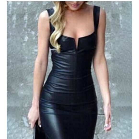 black leather midi dress